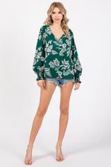 Forest Green Floral V-Neck Long Sleeve Blouse