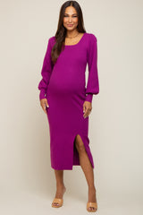 Purple Side Slit Sweater Knit Maternity Midi Dress