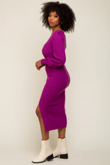 Purple Side Slit Sweater Knit Midi Dress