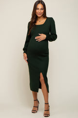 Forest Green Side Slit Sweater Knit Maternity Midi Dress