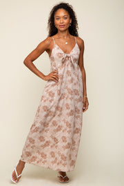 Mocha Leaf Print Front Tie Maxi Dress