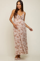 Mocha Leaf Print Front Tie Maternity Maxi Dress