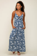 Blue Leaf Print Front Tie Maxi Dress