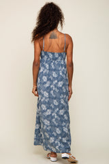 Blue Leaf Print Front Tie Maxi Dress