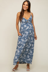 Blue Leaf Print Front Tie Maternity Maxi Dress