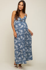 Blue Leaf Print Front Tie Maternity Maxi Dress