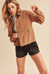 Camel Corduroy Raw Hem Maternity Shacket