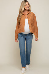 Camel Corduroy Raw Hem Maternity Shacket