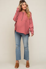 Mauve Front Button Drop Shoulder Long Sleeve Maternity Top