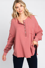 Mauve Front Button Drop Shoulder Long Sleeve Maternity Top