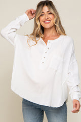 White Front Button Drop Shoulder Long Sleeve Maternity Top