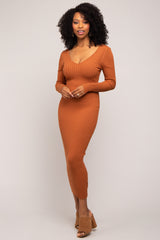 Camel V-Neck Long Sleeve Fitted Maternity Maxi Dress