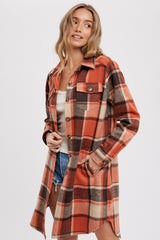 Rust Plaid Fleece Long Shirt Jacket