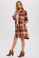 Rust Plaid Fleece Long Shirt Jacket