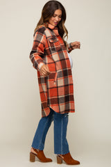 Rust Plaid Fleece Maternity Long Shirt Jacket