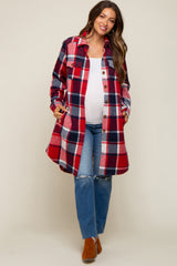 Red Plaid Fleece Maternity Long Shirt Jacket