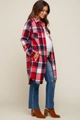 Red Plaid Fleece Maternity Long Shirt Jacket