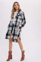 Black Plaid Fleece Long Shirt Jacket