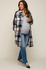 Black Plaid Fleece Maternity Long Shirt Jacket