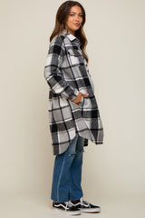 Black Plaid Fleece Maternity Long Shirt Jacket