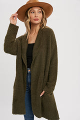 Olive Fuzzy Knit Draped Cardigan