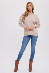 Beige Rib Knit Exposed Seam Sweater