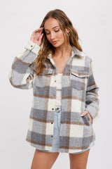 Grey Plaid Fleece Shirt Jacket