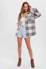 Grey Plaid Fleece Shirt Jacket