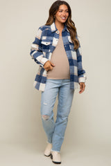 Navy Plaid Fleece Maternity Shirt Jacket