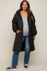 Black Quilted Long Maternity Puffer Jacket