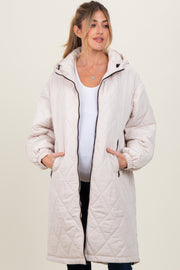 Beige Quilted Long Maternity Puffer Jacket