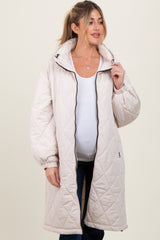 Beige Quilted Long Maternity Puffer Jacket