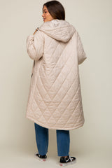 Beige Quilted Long Maternity Puffer Jacket