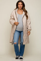 Beige Quilted Long Maternity Puffer Jacket