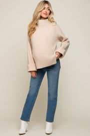 Beige Mock Neck Chunky Knit Maternity Sweater