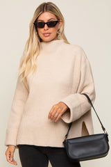 Beige Mock Neck Chunky Knit Maternity Sweater