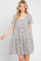 Grey Floral Tiered Button Accent Dress