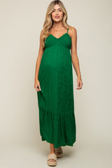 Green Floral Smocked Gathered Tier Maternity Maxi Dress