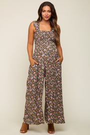 Black Sleeveless Floral Smocked Ruffle Maternity Jumpsuit