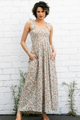 Beige Sleeveless Floral Smocked Ruffle Maternity Jumpsuit