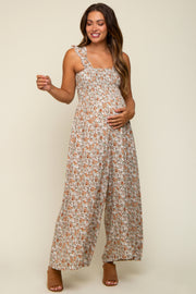 Beige Sleeveless Floral Smocked Ruffle Maternity Jumpsuit