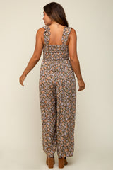 Mocha Sleeveless Floral Smocked Ruffle Maternity Jumpsuit