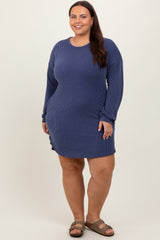 Navy Rib Knit Long Sleeve Maternity Plus Dress