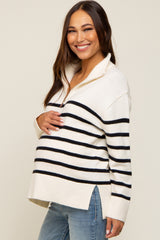 Ivory Striped Half Zip Maternity Sweater