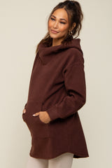 Brown Fleece Hooded Long Maternity Sweater