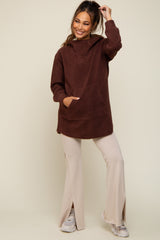 Brown Fleece Hooded Long Maternity Sweater