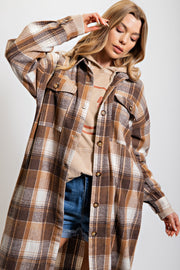 Mocha Plaid Button Front Long Coat