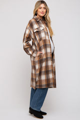 Mocha Plaid Button Front Long Maternity Coat