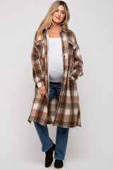 Mocha Plaid Button Front Long Maternity Coat