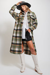 Olive Plaid Button Front Long Coat